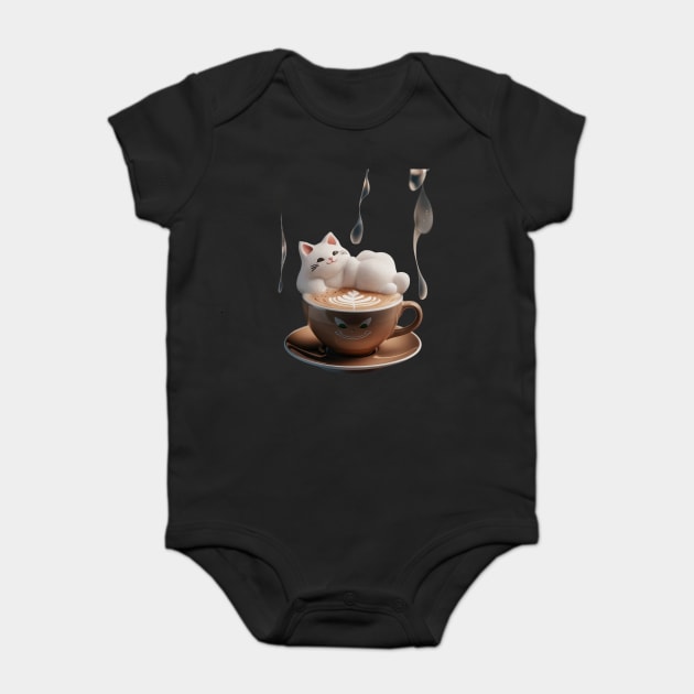 Above the cup the word café  3D latte art features a charming cat with a contented expression Baby Bodysuit by animegirlnft